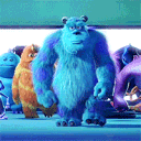 Sulley from Monsters, Inc. walking forward with a confident, rhythmic strut.