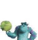 A blue furry monster juggling a green fruit that changes shape in each frame.