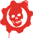 A red skull centered inside a mechanical gear shape on a black background.