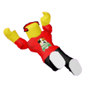 A 3D block character lying face down on the floor in a dramatic pose of frustration.