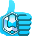 A stylized blue hand giving a thumbs up with a geometric crystal emblem in the center.