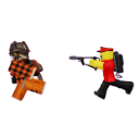 Two blocky characters running, with one character aiming a weapon at the other against a purple background.