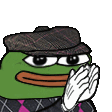 A green frog character wearing a plaid flat cap and sweater claps its hands together in a polite, rhythmic motion.