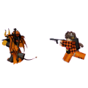 Two blocky pixel characters standing in a confrontation with one holding a gun.