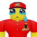 A blocky character in a red cap and shirt with large eyes shedding a single blue tear.