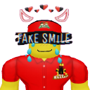 A blocky yellow character with a red hat and shirt crying blue tears while wearing a sign that says FAKE SMILE over their ...