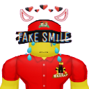 A stylized yellow character wearing a red cap and shirt with a black bar over their eyes that says FAKE SMILE, while cryin...