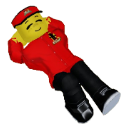 A blocky character with a yellow head and red clothes leaning back with hands behind their head in a relaxed pose.