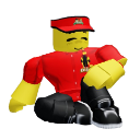 A yellow-skinned blocky character with a red hat and shirt leaning back with a smug, closed-eye smile.