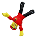 Blocky character in a red shirt and yellow gloves performing a handstand.