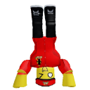 A blocky character with a yellow head and red body performing a handstand.