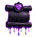 A dark scroll tied with a glowing purple diamond icon.
