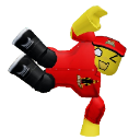 A yellow-skinned character in a red suit performing a mid-air acrobatic flip.