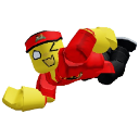 Yellow blocky character wearing red clothing performing a mid-air acrobatic flip.