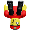 A blocky character in red and yellow performing an upside-down headstand.