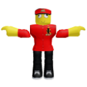 A blocky yellow-skinned avatar in a red shirt and black pants standing with arms outstretched in a T-pose.