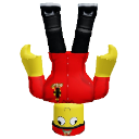 A blocky character in a red shirt and yellow hands hanging upside down with a smiling face.