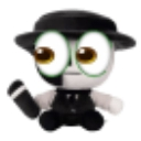 A small plush character with a black hat and vest waves with one hand while looking forward with large, round eyes.