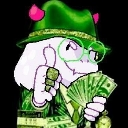 Character wearing a green fedora and glasses holds a fan of cash while giving a thumbs up.