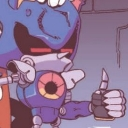 A robotic blue hedgehog with glowing red eyes gives a thumbs up gesture.