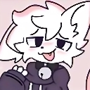 An anthropomorphic white creature wearing a purple hoodie and a bell collar, making a smug, mischievous face with its tongue…