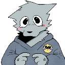 A gray furry creature with large eyes and blushing cheeks looking shyly while wearing a blue hoodie.
