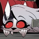 A squished wolf-like creature with wide red eyes and fangs staring intensely from the bottom of the frame.