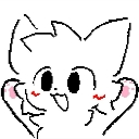 A small white creature with a wide happy mouth and pink blushing cheeks holding its paws up in excitement.