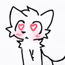 A white cat character with heart-shaped eyes and a blushing face looking up.