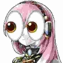 Anime girl with pink hair and headphones stares forward with comically oversized, wide brown eyes.