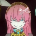 Anime girl with pink hair and a bow wearing a smug, mischievous smirk.