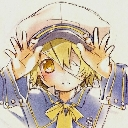 Anime girl with blonde hair and a hat peeking shyly at the viewer.
