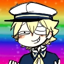 Anime character with blonde hair and a captain hat wearing a smug, mischievous grin against a rainbow background.