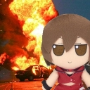A small brown plushie with a smug expression stands in front of a large, bright orange explosion.