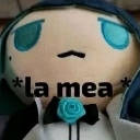 A plush doll with a deadpan expression and the text *la mea* written across its face.