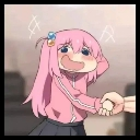 Hitori Gotoh with pink hair looking panicked while being pulled by an unseen hand.