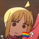 Anime girl with a deadpan, suspicious expression next to a small rainbow flag and a question mark.