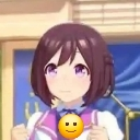 Anime girl with short brown hair and purple eyes wearing a yellow smiley face sticker over her mouth.