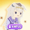 Anime girl with a bored, unimpressed expression standing above a purple button that reads AWFUL with a downward arrow.