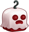 A small white ghost character with large red eyes and an open-mouthed surprised expression.
