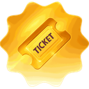 A golden ticket icon centered on a star-shaped badge with a glossy finish.