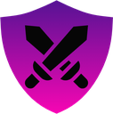 A purple shield icon with two black crossed swords in the center.