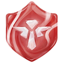 Shield emblem with a glossy red finish and a white wing-like symbol in the center.