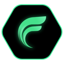 A glowing green stylized letter F centered inside a black hexagonal border.