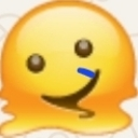 A yellow blob character melting with a wide, mischievous grin and a blue mark across its cheek.