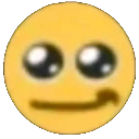 Yellow smiley face with large glossy eyes and a lopsided, mischievous smirk.