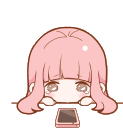 A pink-haired anime girl resting her chin on a table while staring sadly at a smartphone.