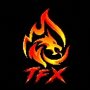 Dragon head silhouette surrounded by orange and red flames above the letters TFX.