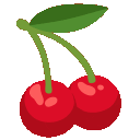 Two bright red cherries with a green leaf attached to their stems in a pixel art style.