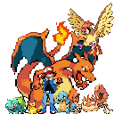 Ash Ketchum stands surrounded by his Pokémon team including Charizard, Pidgeot, and Pikachu in a pixelated style.